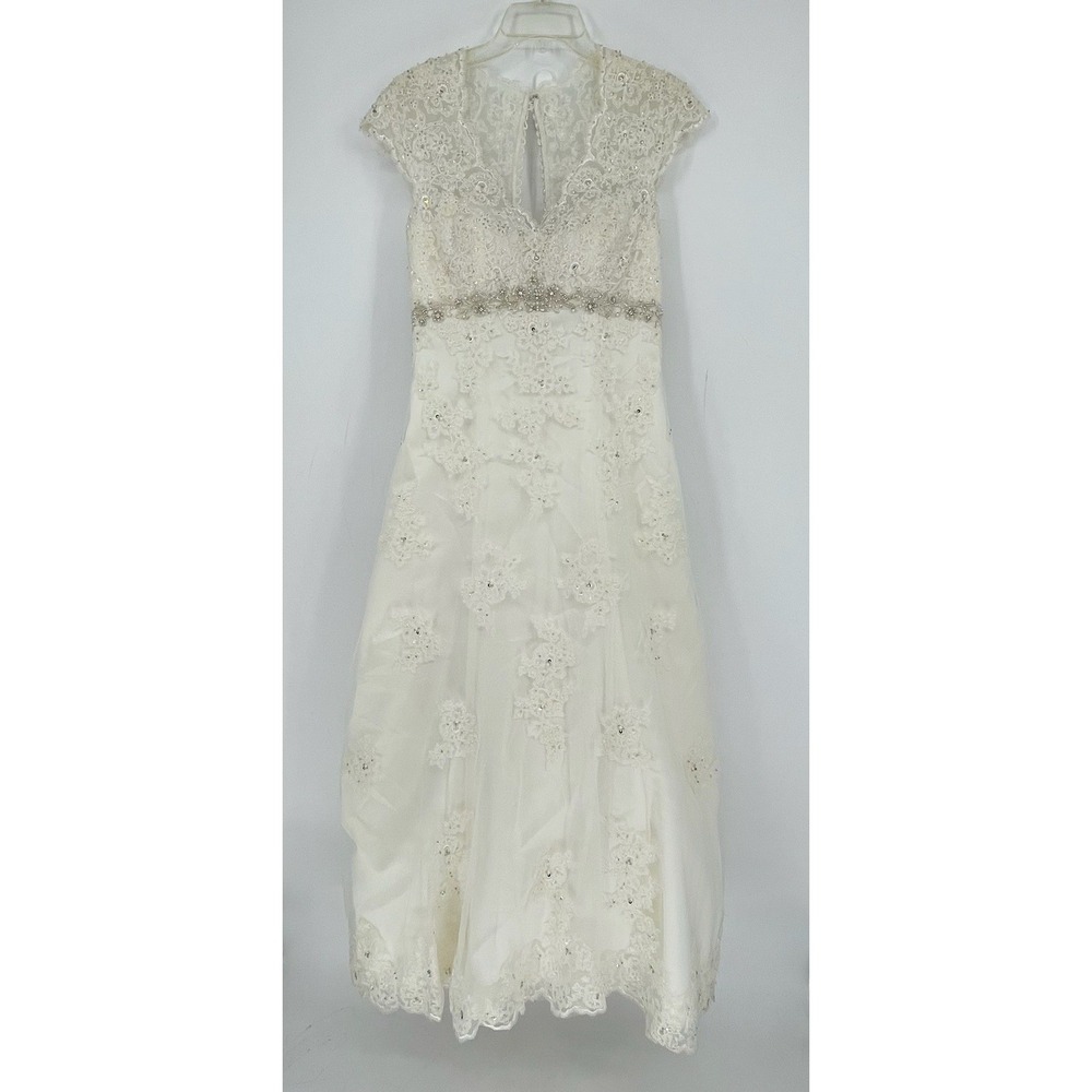 David's Bridal Women's Ivory Floral Lace Beaded Cap Sleeve Wedding Dress Size 10